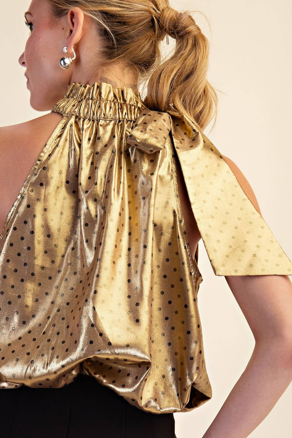 Polka Dot Tie Halter Neck Metallic Top