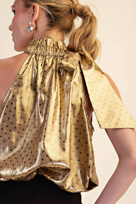 Polka Dot Tie Halter Neck Metallic Top