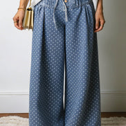 Stripe Button Pleated Drawstring Waist Wide Leg Jeans 4-4X