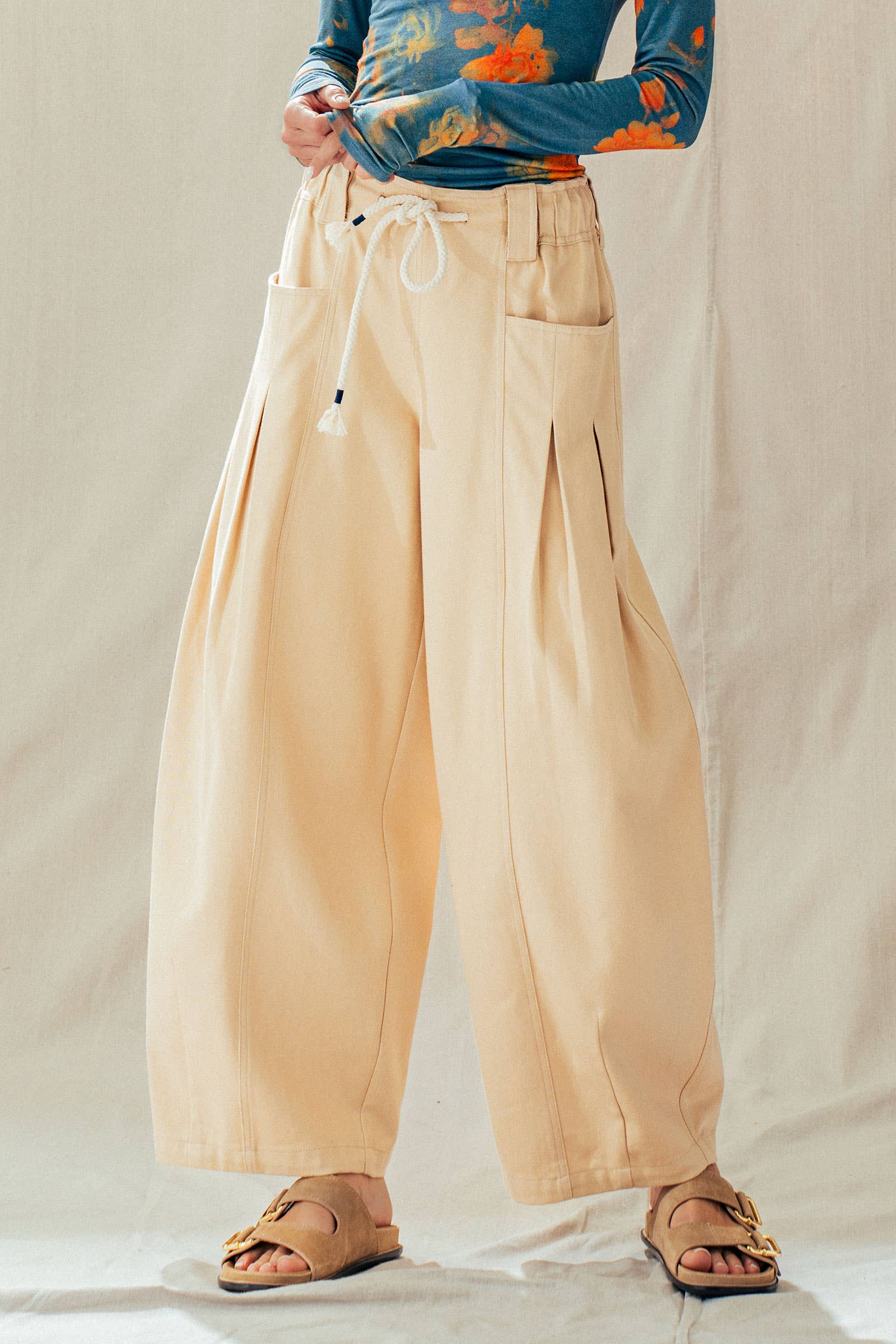 Rope Drawstring Balloon Pants Pleated Front
