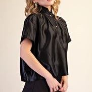 Black Glossy Stand Collar Button Placket Shirt