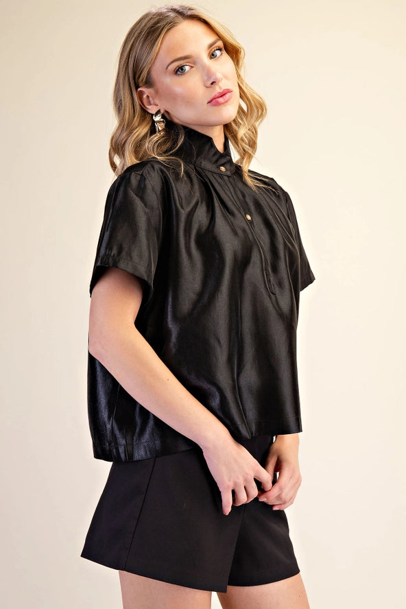 Black Glossy Stand Collar Button Placket Shirt