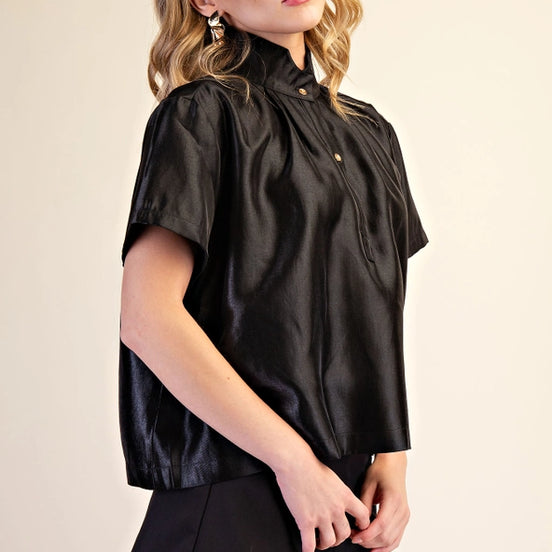 Black Glossy Stand Collar Button Placket Shirt