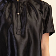 Black Glossy Stand Collar Button Placket Shirt