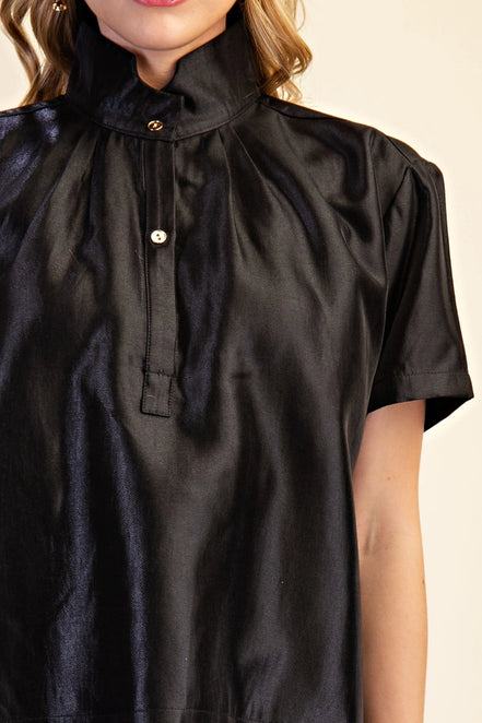Black Glossy Stand Collar Button Placket Shirt