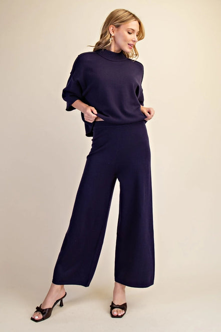 Navy High Waist Wide Leg Knit Pants