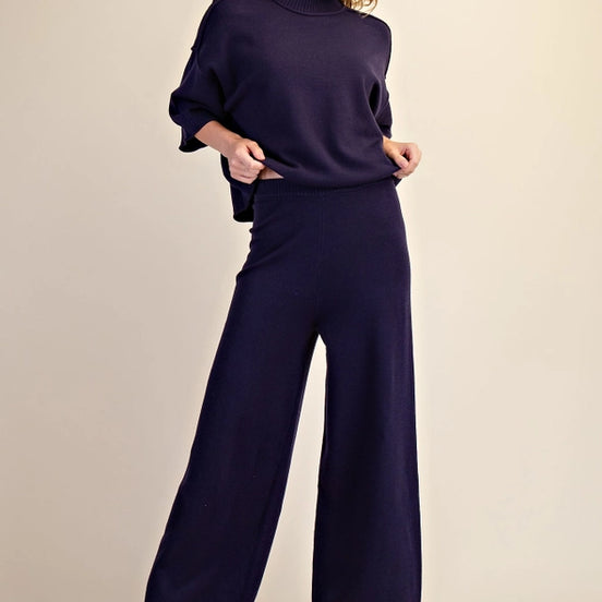 Navy High Waist Wide Leg Knit Pants
