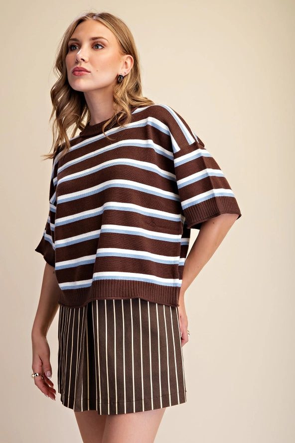 Brown Crew-neck Stripe Sweater