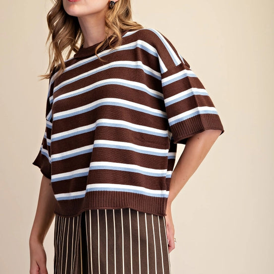Brown Crew-neck Stripe Sweater