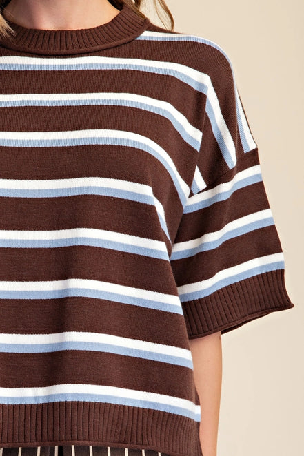 Brown Crew-neck Stripe Sweater