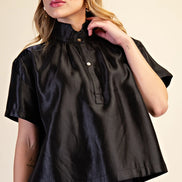 Black Glossy Stand Collar Button Placket Shirt