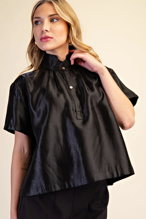 Black Glossy Stand Collar Button Placket Shirt