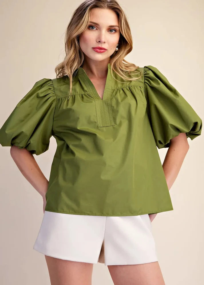 Isabella Olive Puff Short Sleeve Top