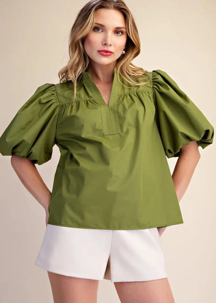 Isabella Olive Puff Short Sleeve Top