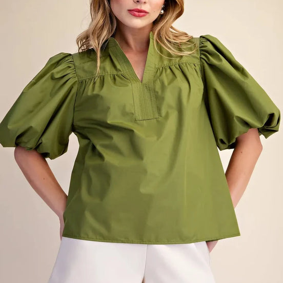 Isabella Olive Puff Short Sleeve Top