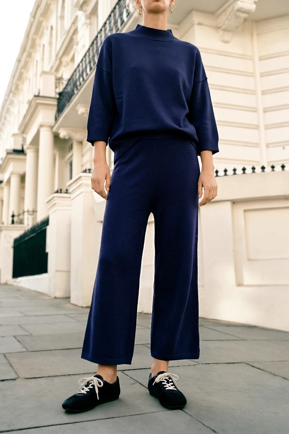 Navy High Waist Wide Leg Knit Pants