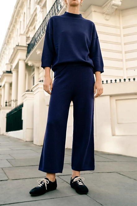Navy High Waist Wide Leg Knit Pants