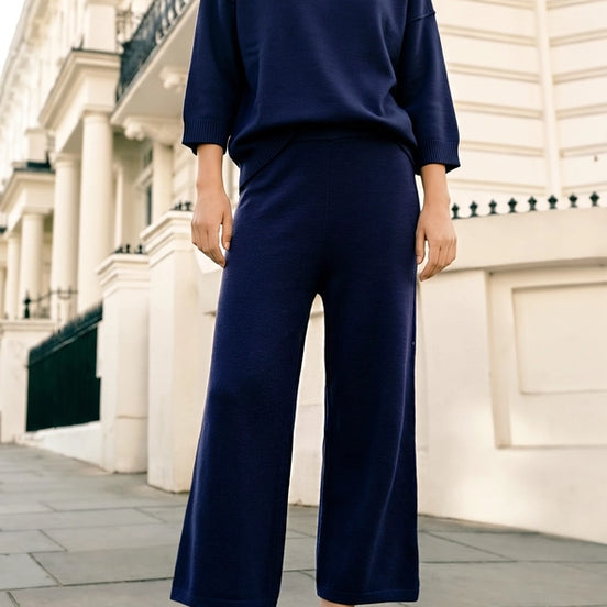 Navy High Waist Wide Leg Knit Pants