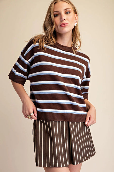 Brown Crew-neck Stripe Sweater