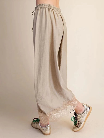 Taupe Cropped Lace Trim Balloon Pants