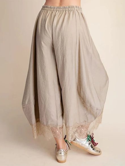 Taupe Cropped Lace Trim Balloon Pants