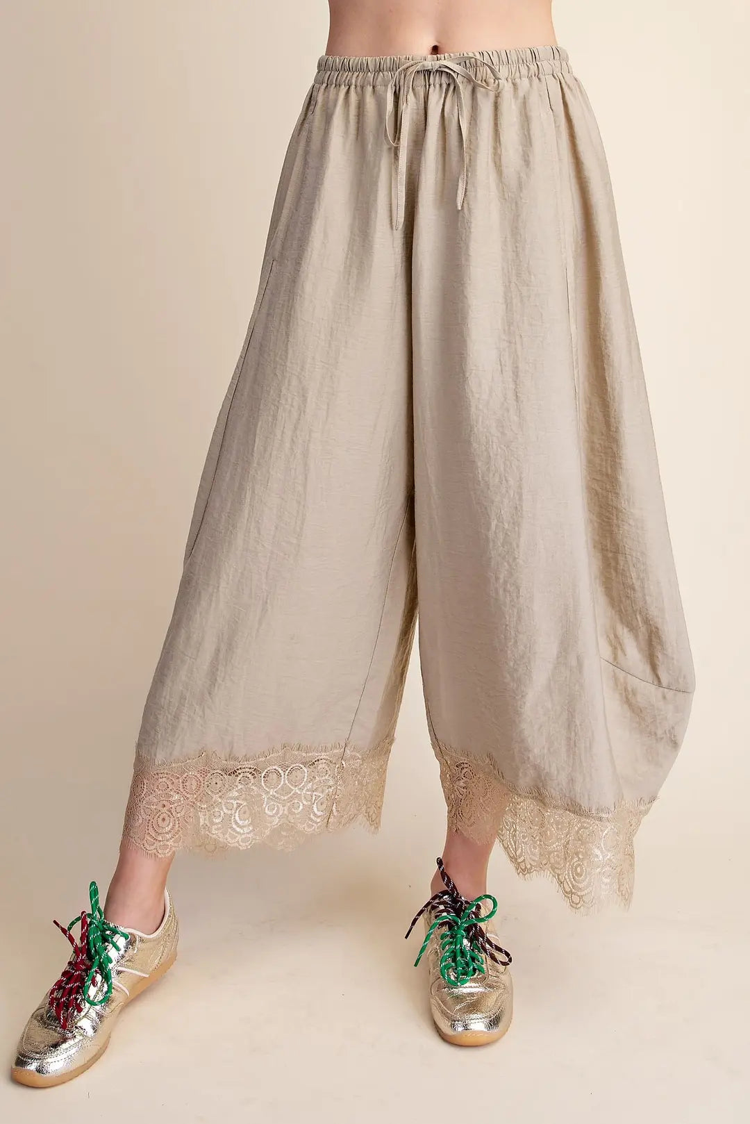 Taupe Cropped Lace Trim Balloon Pants