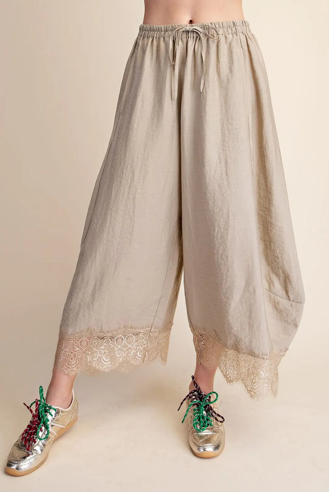 Taupe Cropped Lace Trim Balloon Pants